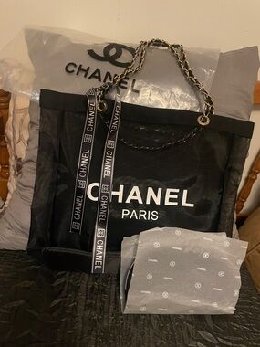 VIP/GWP Black Mesh Tote with Gold-Trim Chain Handles